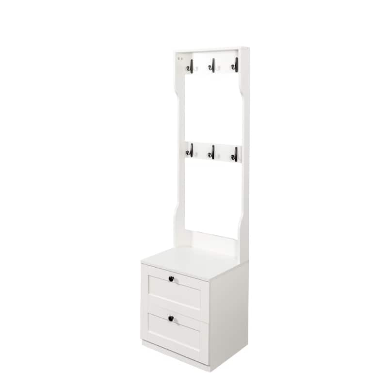 2-in-1 Wood Freestanding Storage Coat Rack and Nightstand with 2 Drawers & 6 Hooks
