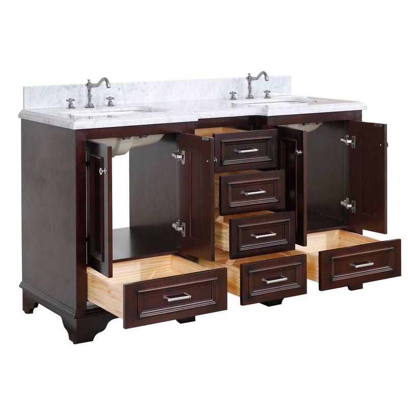 KitchenBathCollection Nantucket 60" Double Bathroom Vanity with Carrara Marble Top