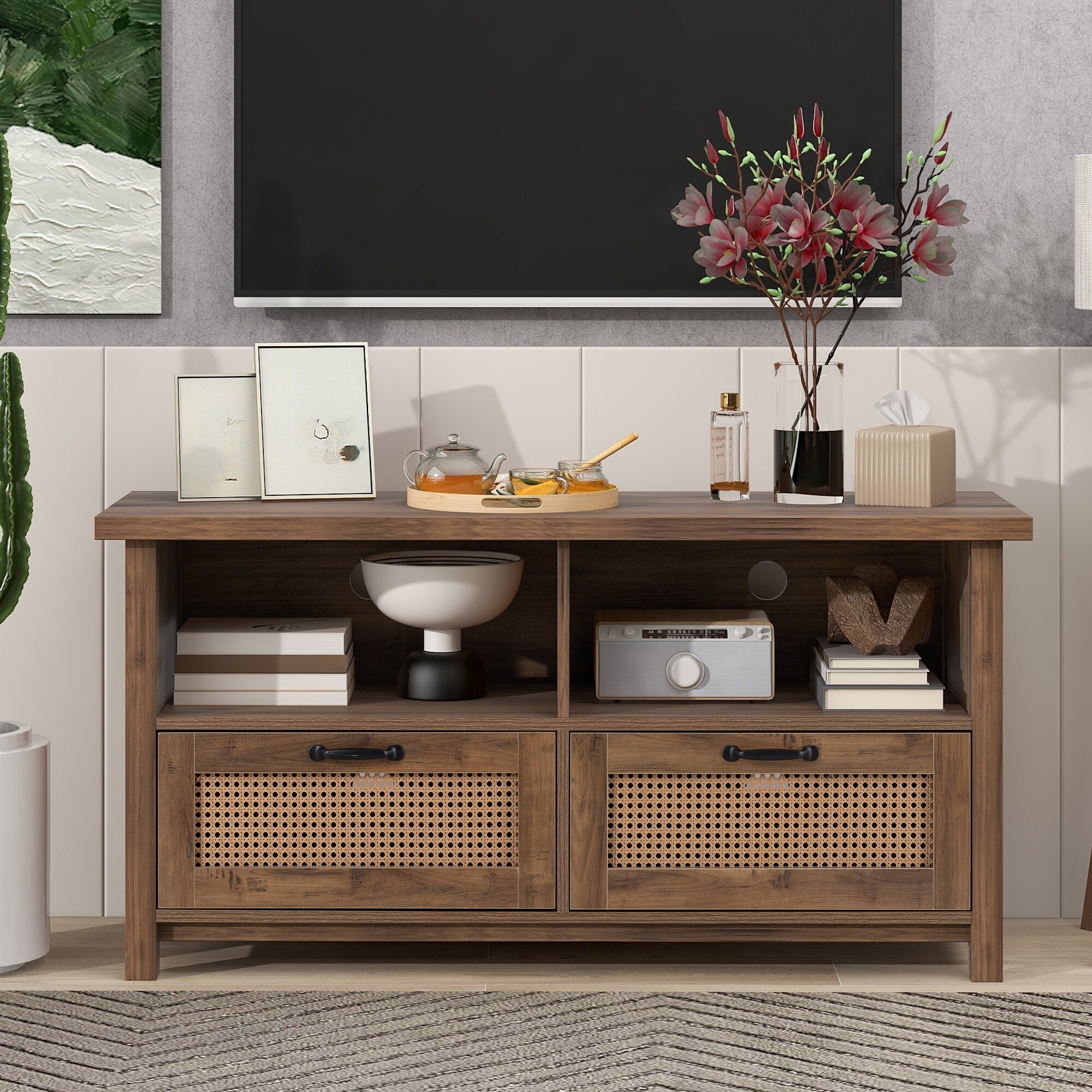Tv stand with new arrivals rattan doors