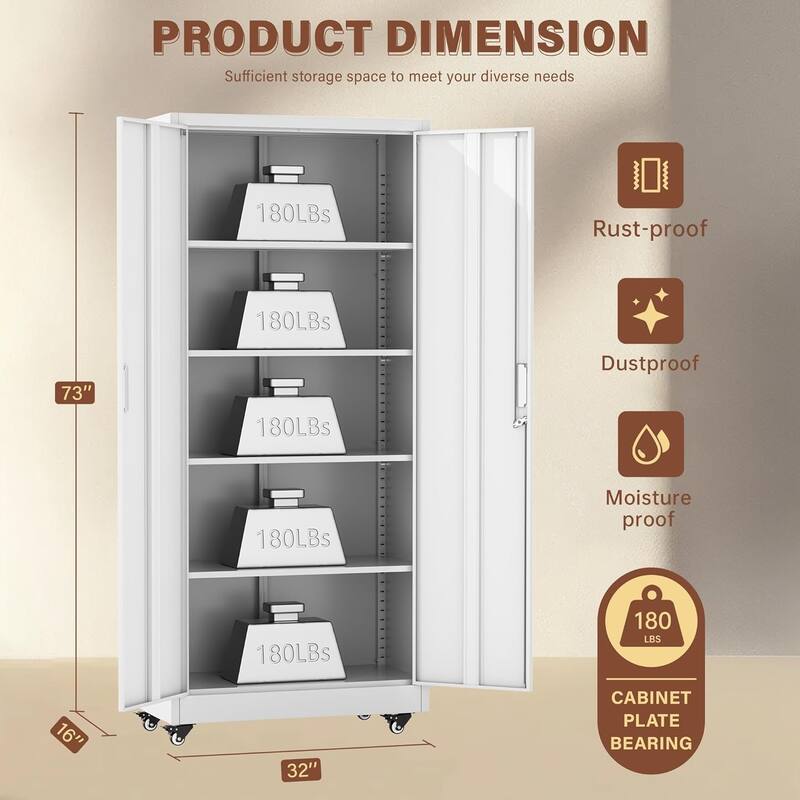 73" Rolling Garage Storage Cabinet with Locking Doors and Adjustable Shelves for Garage, Home Office, School