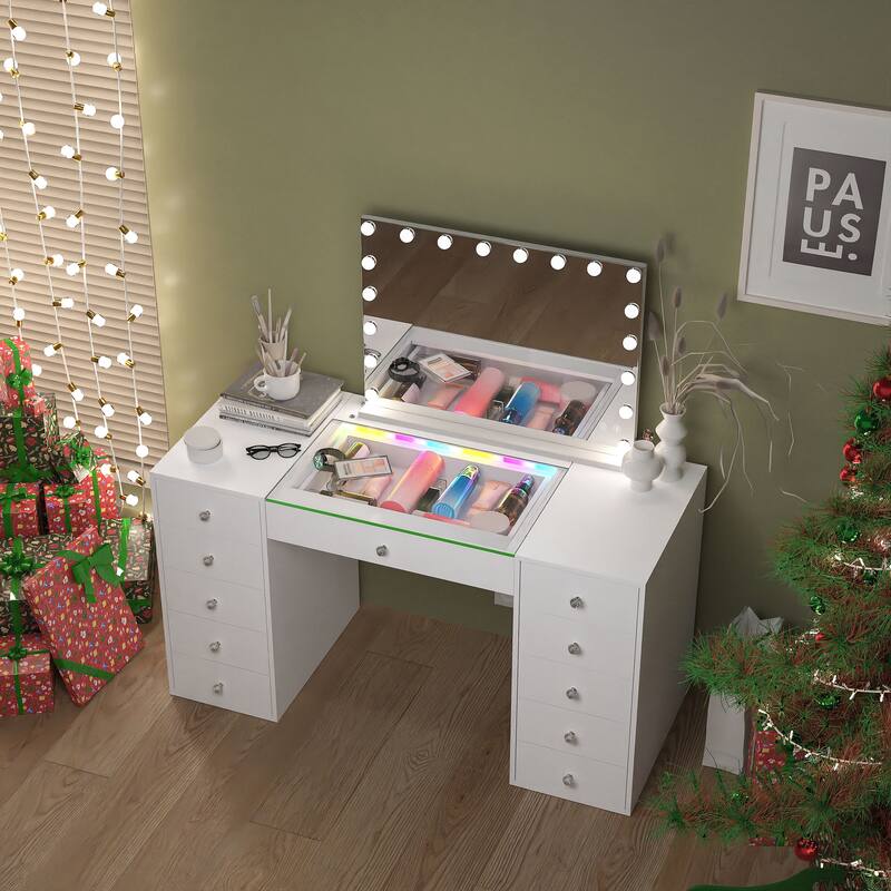 Bedroom Vanity Desk with RGB LED Light Strip, Glass Top Makeup Dressing Table with 11 Drawers
