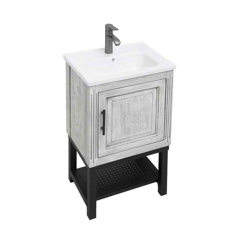 GDFStudio - CompactLine Modern Freestanding Bathroom Vanity with Ceramic Sink and Open Metal Shelf - 20 Inch