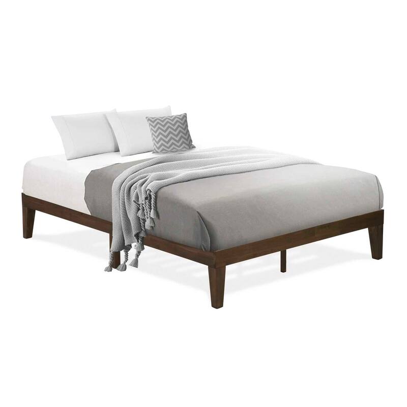 Retro Platform Bed Frame - Modern Wood Bed with Solid Legs - Mid-Century Bedroom Furniture - Walnut Finish