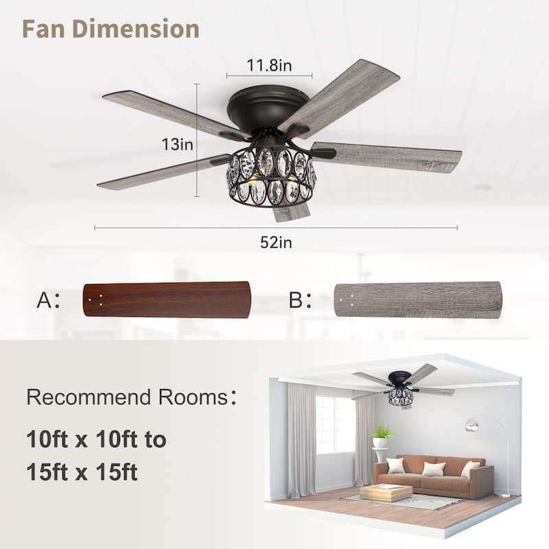 52" Flush Mount 5-Blade Modern Crystal Indoor Ceiling Fan with Light Kit and Remote