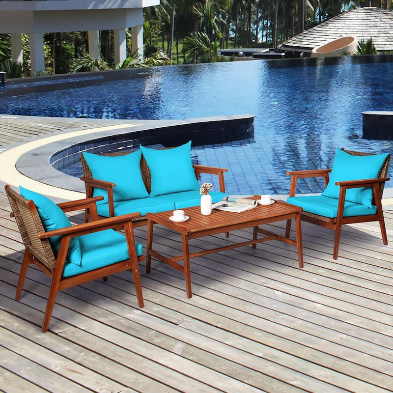 Costway 4PCS Patio Rattan Furniture Set Acacia Wood Frame Cushioned - See Details