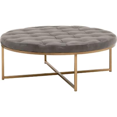 Coffee Table with Round Tufted Fabric Top, Gray and Gold