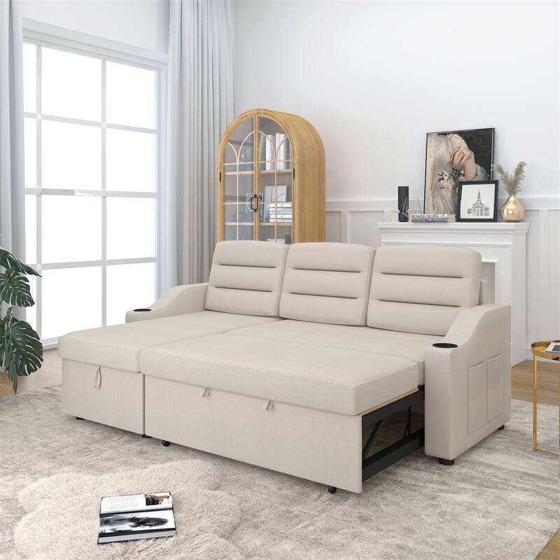 83.5" Polyester Convertible Combo Sofa w/ Storage Recliner and Holder