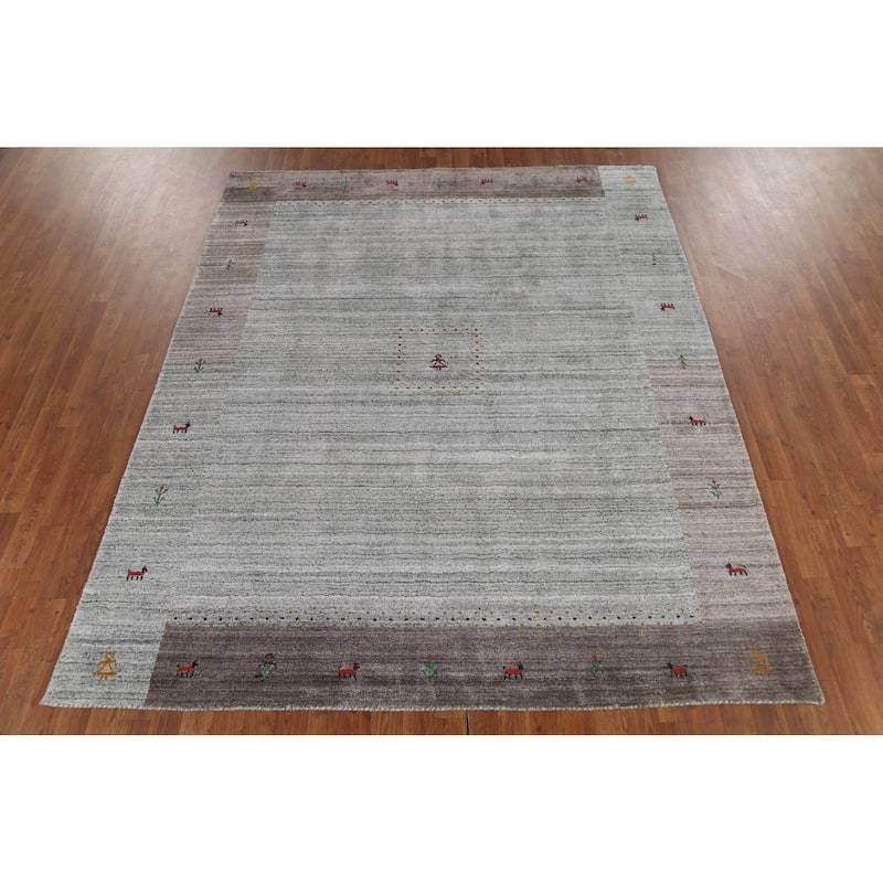 Tribal Striped Gabbeh Indian Area Rug Handmade Grey Wool Carpet - 6'9"x 8'3"