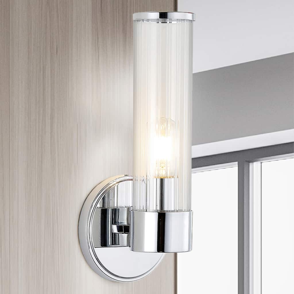 Cecil 6" 1-Light Tall Cylinder Iron/Striped Glass Modern Mid-Century LED Vanity, Chrome by JONATHAN Y