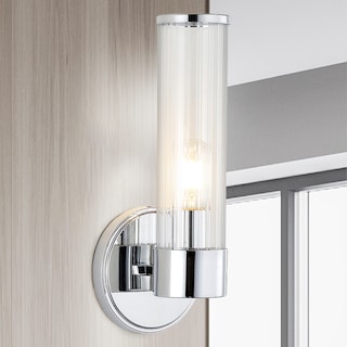 Cecil 6" 1-Light Tall Cylinder Iron/Striped Glass Modern Mid-Century LED Vanity, Chrome by JONATHAN Y