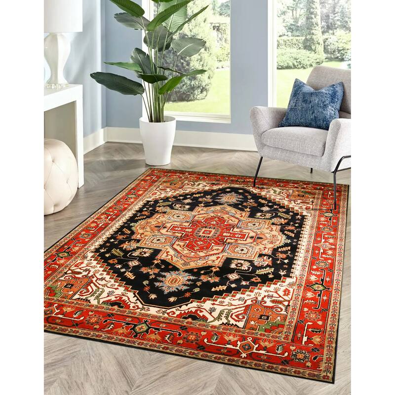Hand-knotted Wool Navy Traditional Oriental Serapi Area Rug - 9' x 12' - Red/Navy