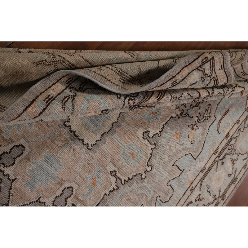 Vegetable Dye Oushak Turkish Rug Blue Hand-Knotted Wool Carpet - 6'1"x 9'0"