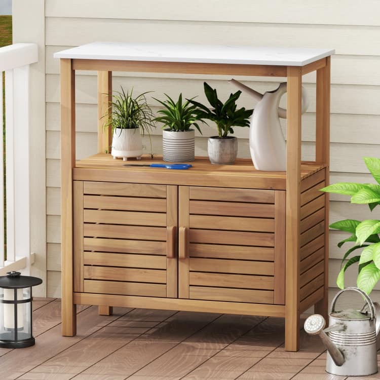 Natural Acacia Wood and Resin Garden Potting Bench with Ample Storage, Ergonomic Height - 80 x 40 x 90.5 cm (L x W x H)