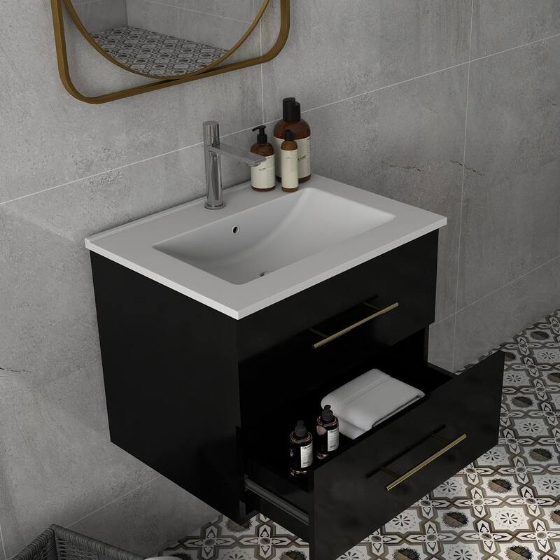 24-Inch Wall-Mounted Bathroom Vanity with Sink Combo,Double Drawers, Ceramic Basin, Easy Assemble,2 Storage Drawers