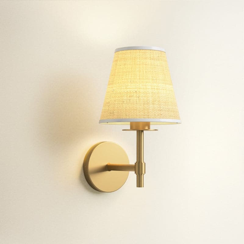 Rowabi Elan Cone Arm Sconce - Metal, Raffia & Natural Beige, Gold Wall Sconce for Bedroom, Hallway in Modern, Mid-Century Style