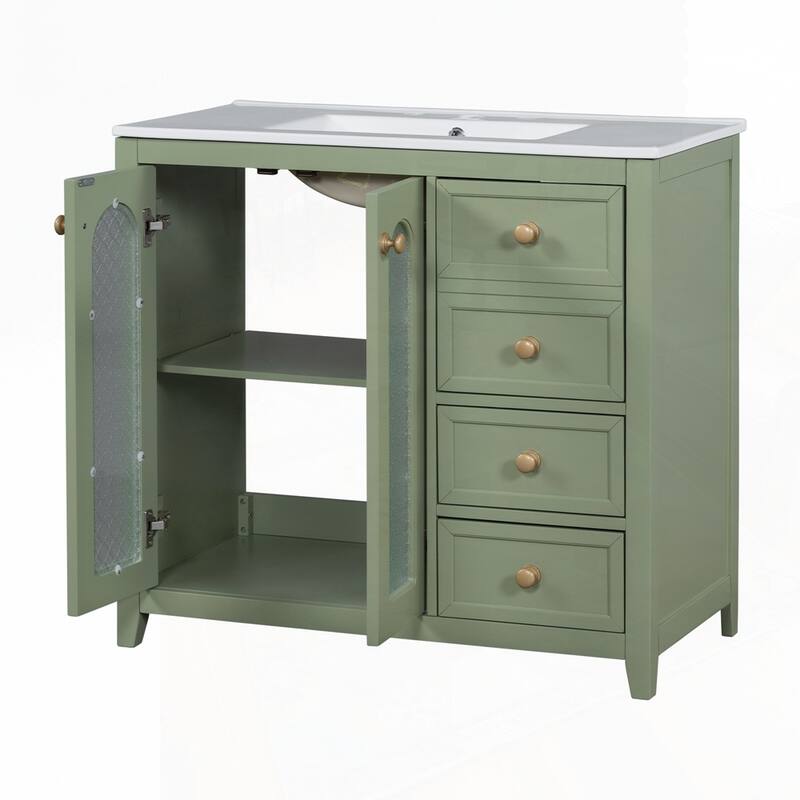 bathroom vanity with two soft close doors and adjustable shelves