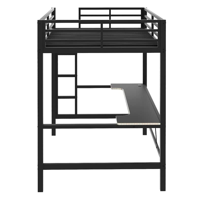 Full Size Metal Gaming Loft Bed with LED Lights, USB Charging Station and Desk