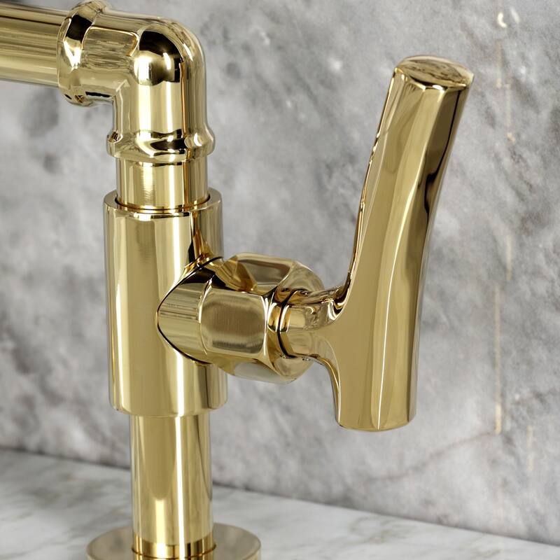 Kingston Brass Hallerbos Two-Handle 4-Hole Deck Mount Bridge Bathroom Faucet with Brass Pop-Up Drain