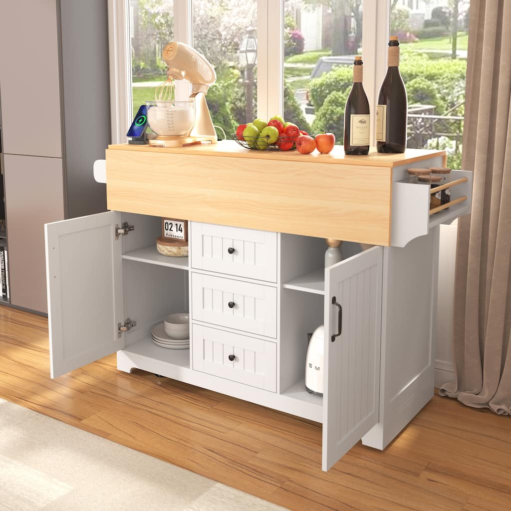 Rolling Kitchen Cart on 5 Wheels with Power Outlet, White Folding Storage Dining Table Kitchen Island with 3 Drawers