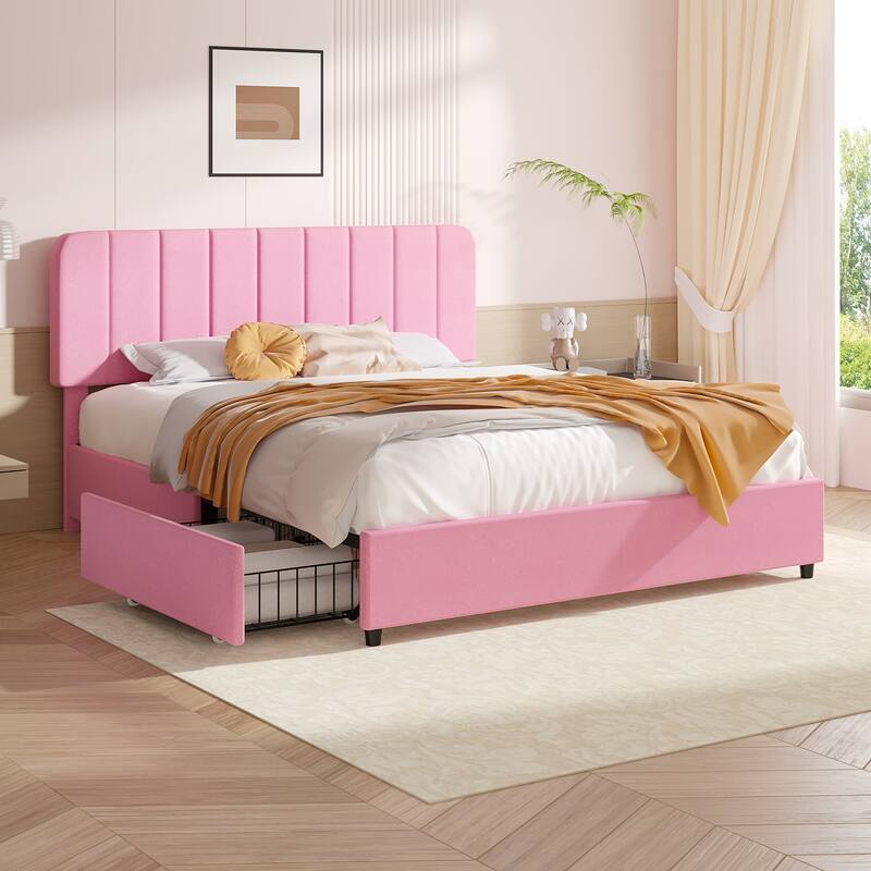 Pink Upholstered Platform Bed Frame with 4 Storage Drawers, Adjustable Velvet Rivets Headboard - Full