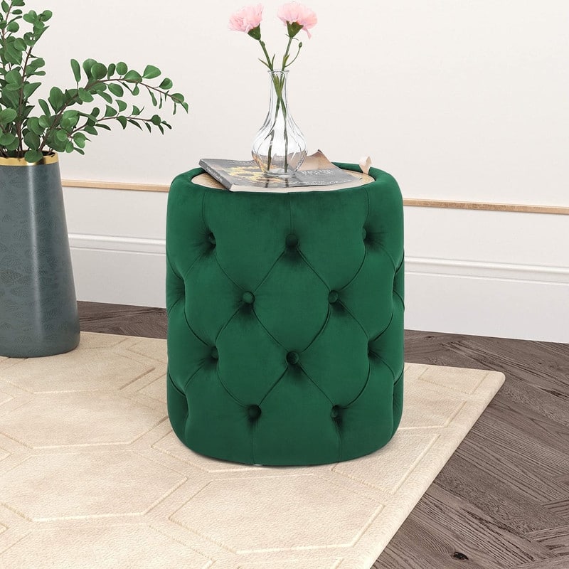 Adeco Round Storage Velvet Ottoman Removable Wooden Lid Coffee Table