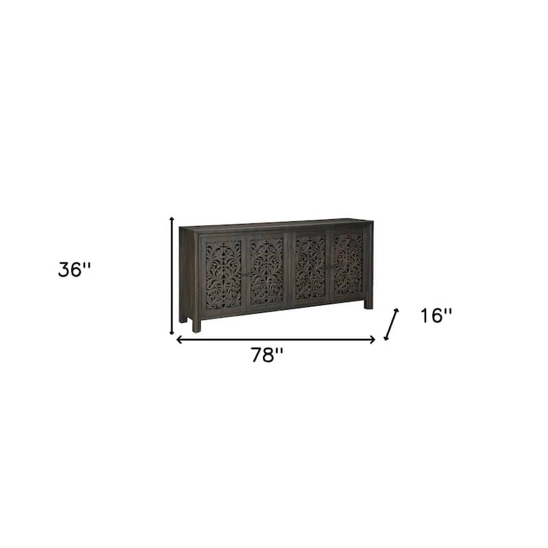 HomeRoots 78" Black Distressed Solid Wood Carved Floral Sideboard with Four Doors - 78.00 in. x 36.00 in. x 16.00 in.