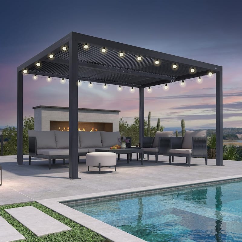 PURPLE LEAF Louvered Pergola with Solar Lights Hardtop Gazebo for Patio