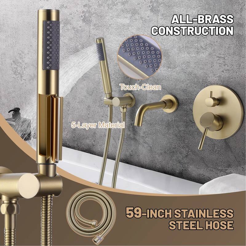 Solid Brass 2 Handle Wall Mounted Roman Tub Faucet With Handheld Shower