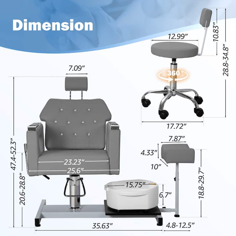 Pedicure Chair with Foot Spa Stool with Adjustable Pedicure Stand