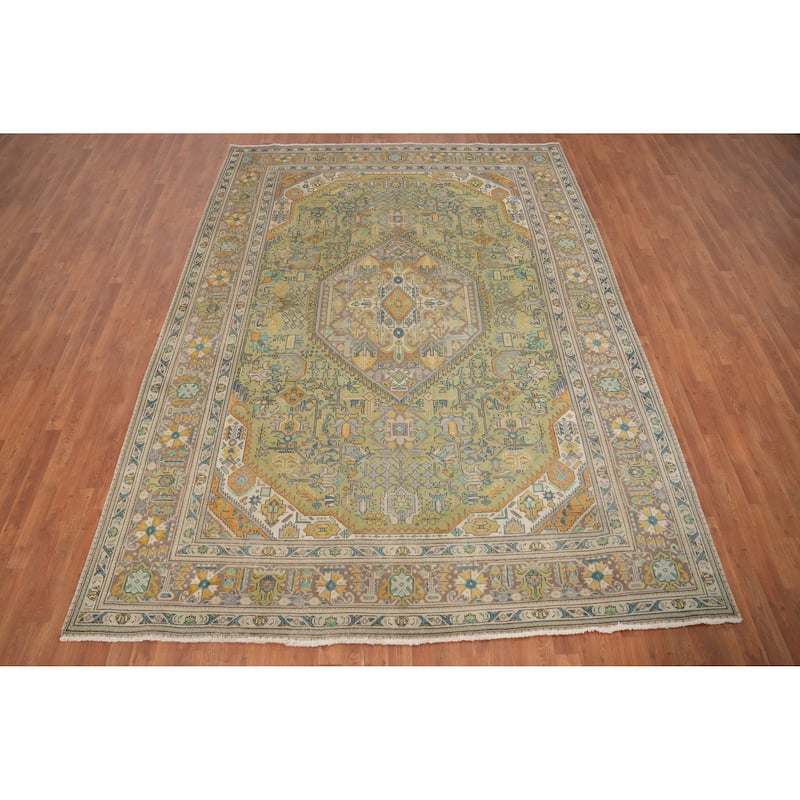 Hand Knotted Oriental 100% Wool Carpet Traditional Medallion Green Tabriz Area Rug - 11' 0'' X 8' 1''