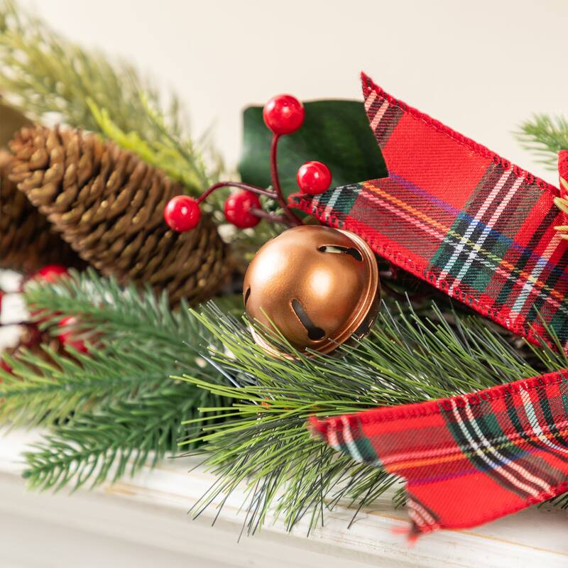 Glitzhome Christmas Bell Pinecone & Berry Bow Wreath Teardrop Garland Wall Decor