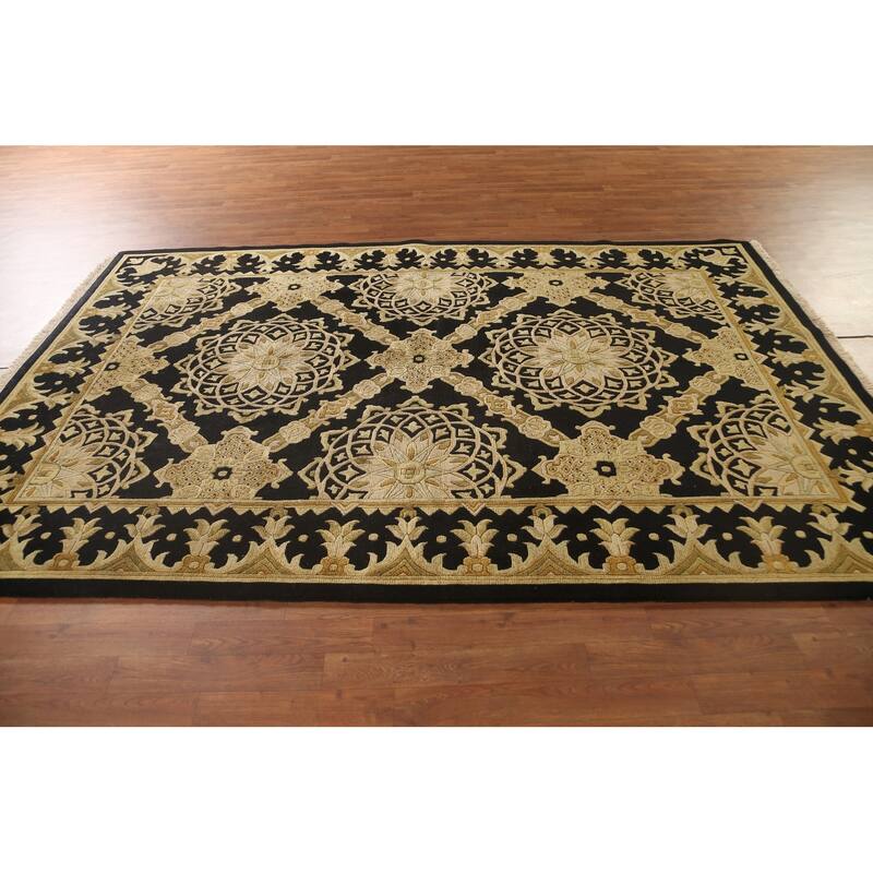 Black & Gold Agra Indian Area Rug Handmade Wool Carpet - 6'2"x 9'4"