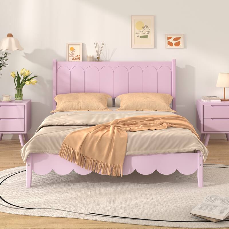 Wood Platform Bed Frame, Retro Style Bed with Rectangular Headboard - Pink - Full