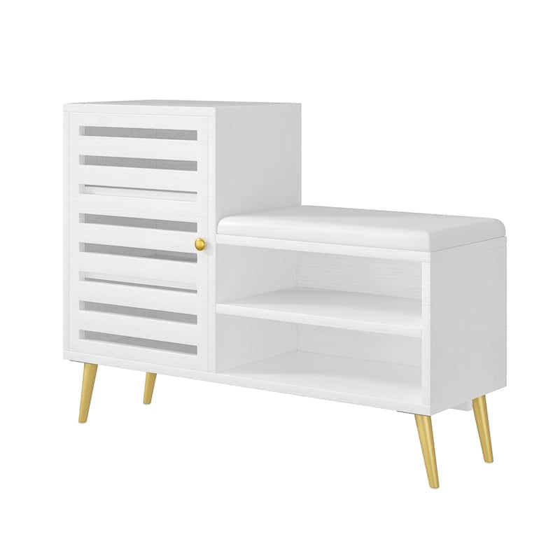 VECELO L-Shaped Entryway Bench with Cushion Shoe Storage Bench with Louvered Door & Open Shelves Hallway Seat Organizer - White