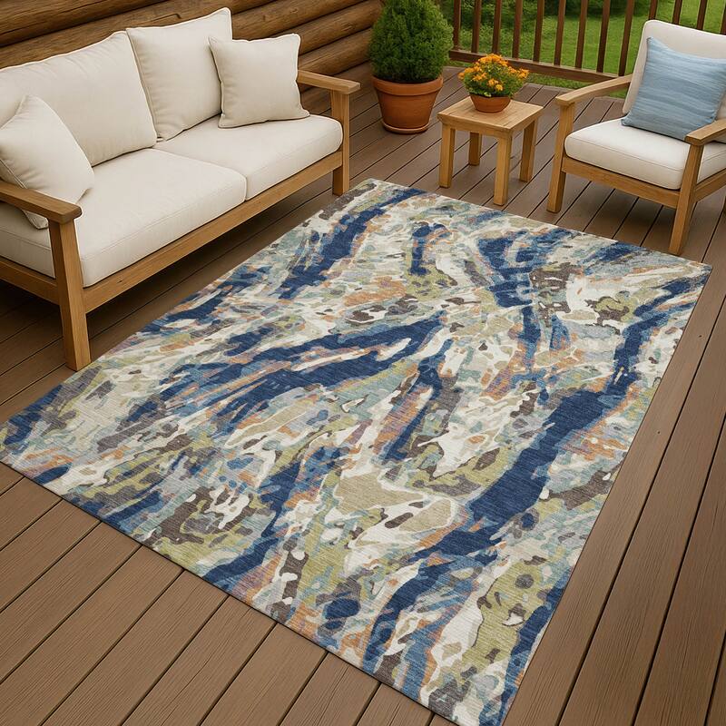 Machine Washable Indoor/ Outdoor Brushstrokes Chantille Rug - Navy - 9' x 12'