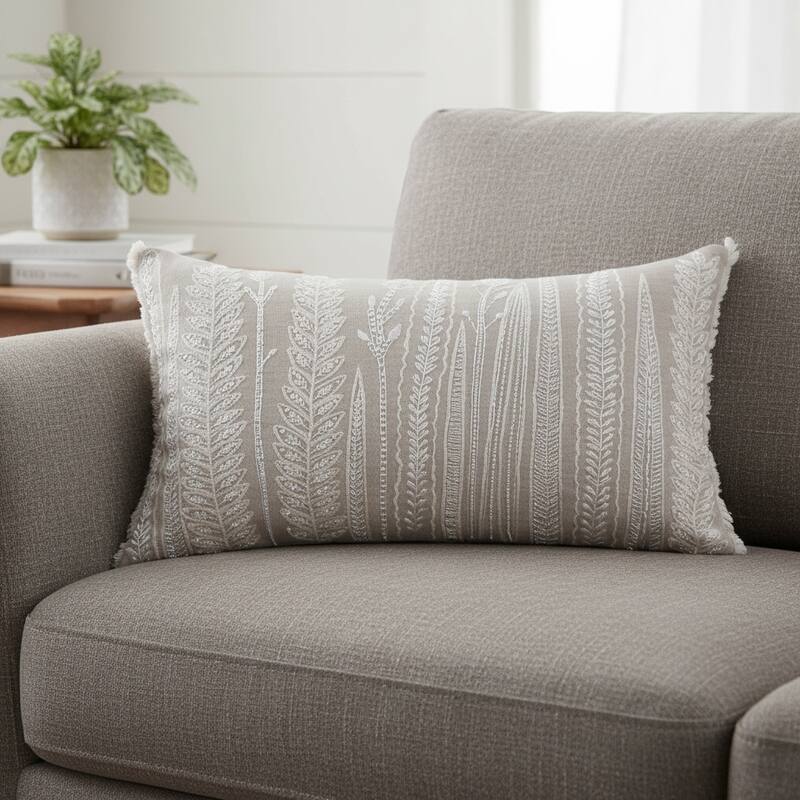 16" X 24" Taupe Linen Botanical Floral Lumbar Throw Pillow Cover with Embroidery - Cover Only - 24.00 in. x 16.00 in.  x 0.25 in. - Taupe - Pillow Covers