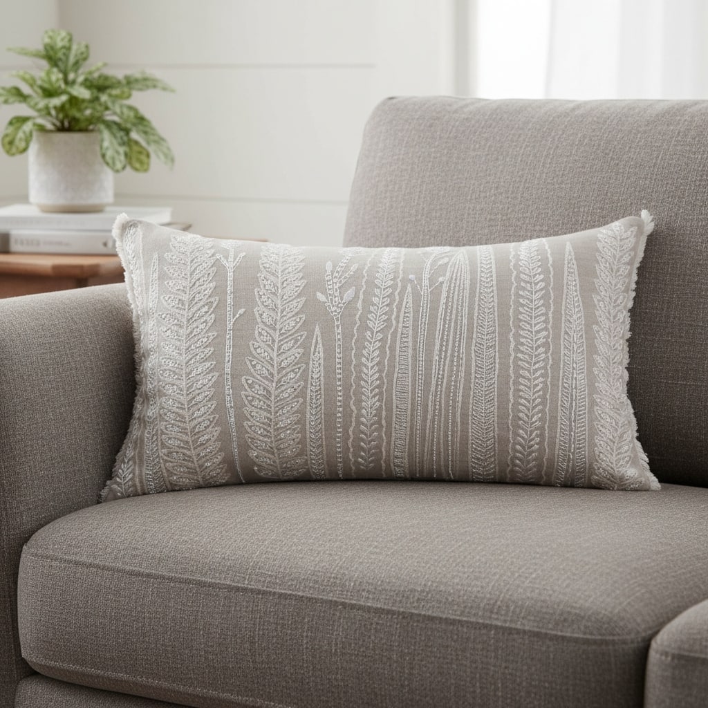 16" X 24" Taupe Linen Botanical Floral Lumbar Throw Pillow Cover with Embroidery