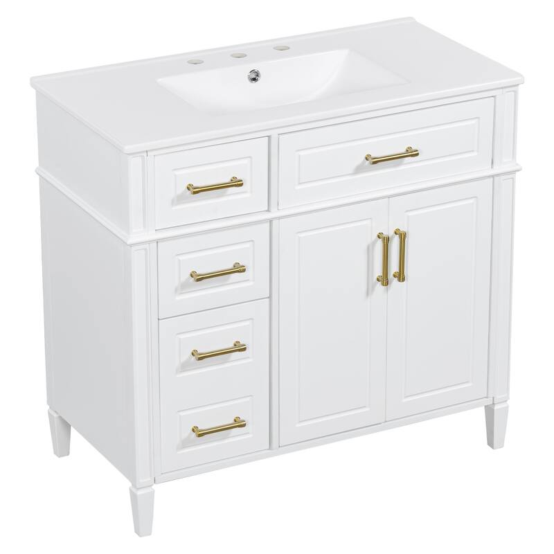 36 Inch Single Sink Bathroom Vanity Cabinet with 4 Drawers, Vanity Base & Ceramic Basin Set