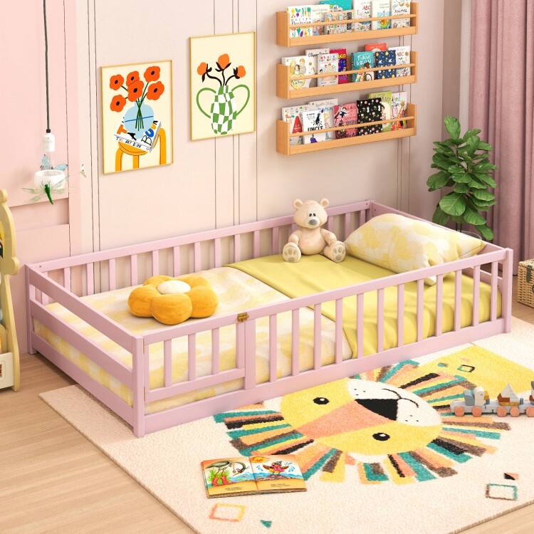 Twin Size Kids Wood Montessori Floor Bed with Door and Fence