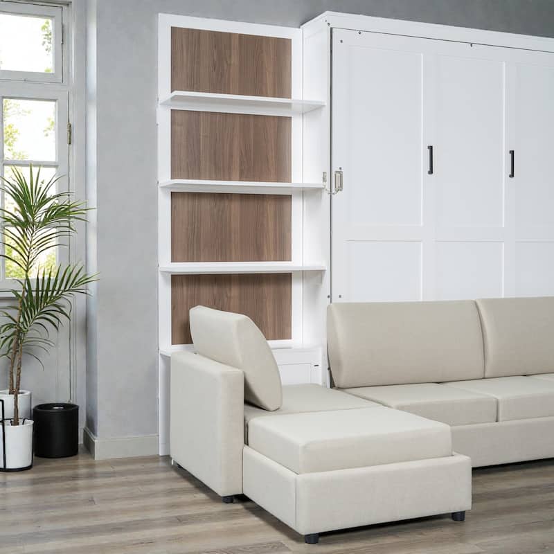 Queen Size Murphy Wall Bed with Sofa and Shelves, Space-Saving Fold Down Bed with Storage, Piston Lift Mechanism