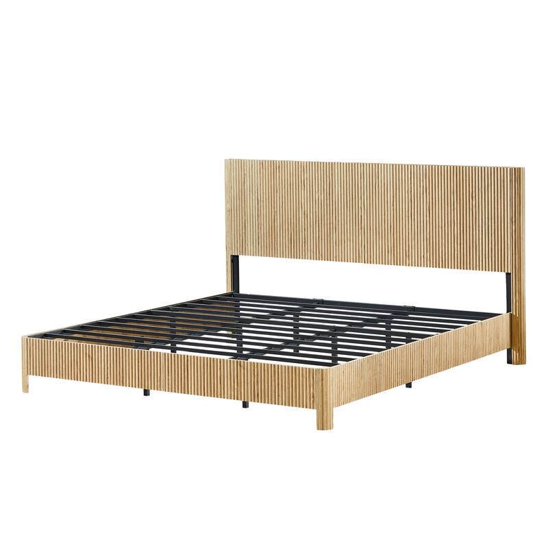 Wooden Corrugated Bed Frame Contemporary Rustic Platform Bed with 44.5" High Headboard/Metal Tubes Support/No Box Spring Needed