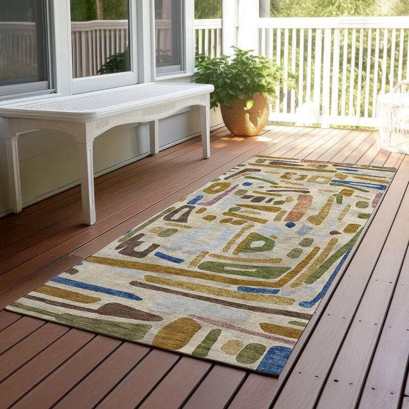 Machine Washable Indoor/ Outdoor Global Geo Chantille Rug - Beige - 2'3" x 7'6"