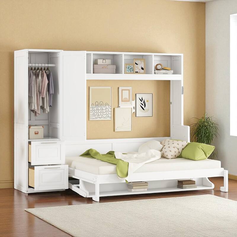 Queen Size Murphy Wall Bed with Closet and Drawers, Space Saving Foldable Bed with Storage Cabinet and Wardrobe
