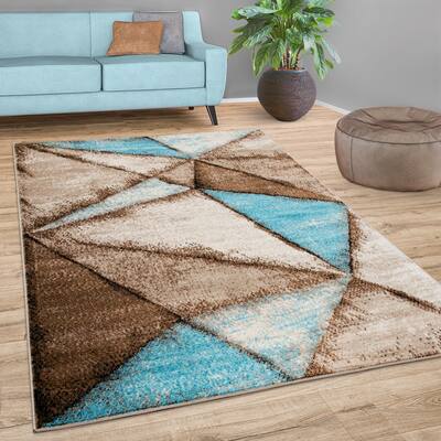 Brown Blue Area Rug for Living Room with Geometric Pattern in Beige