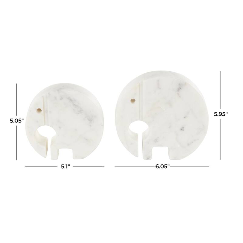 White Marble Circular Abstract Elephant Decorative Sculpture with Gray Marble Veins and Cutouts (Set of 2)