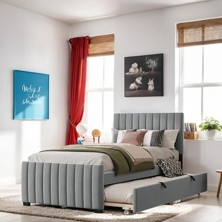 Twin Size Velvet Platform Bed with Pull-out Cord Twin Size Trundle, Upholstered Bed with Wooden Support Legs, Grey
