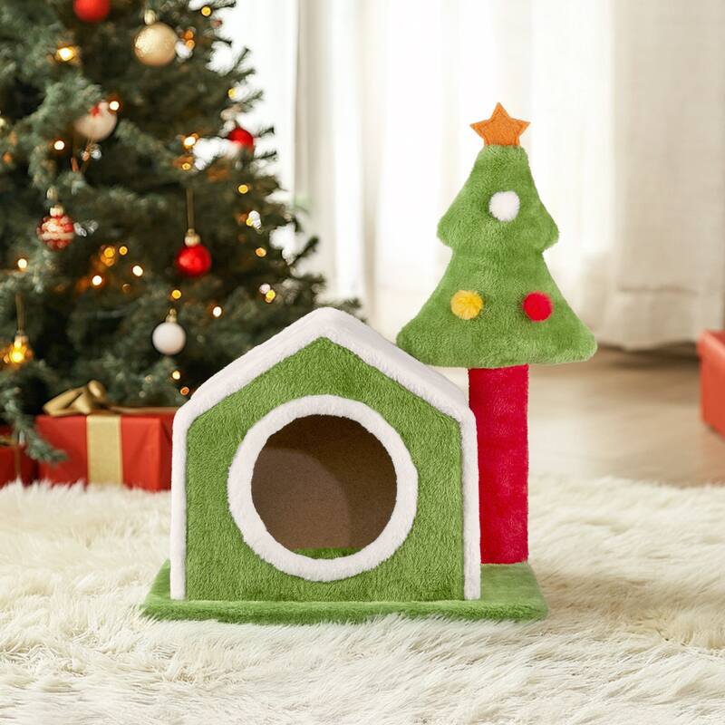Christmas Cat House Cat Bed Cave, Soft Plush Christmas Nest Holiday Decor For Indoor Cats - (17.5 x 15.7) in