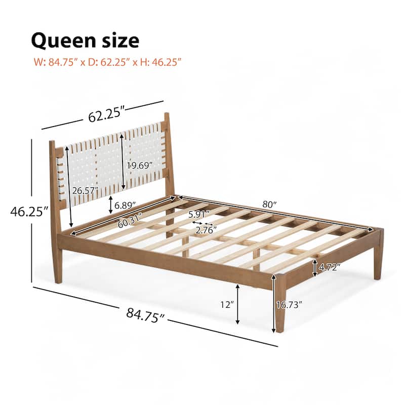Bed with Woven Leather back Wood Frame