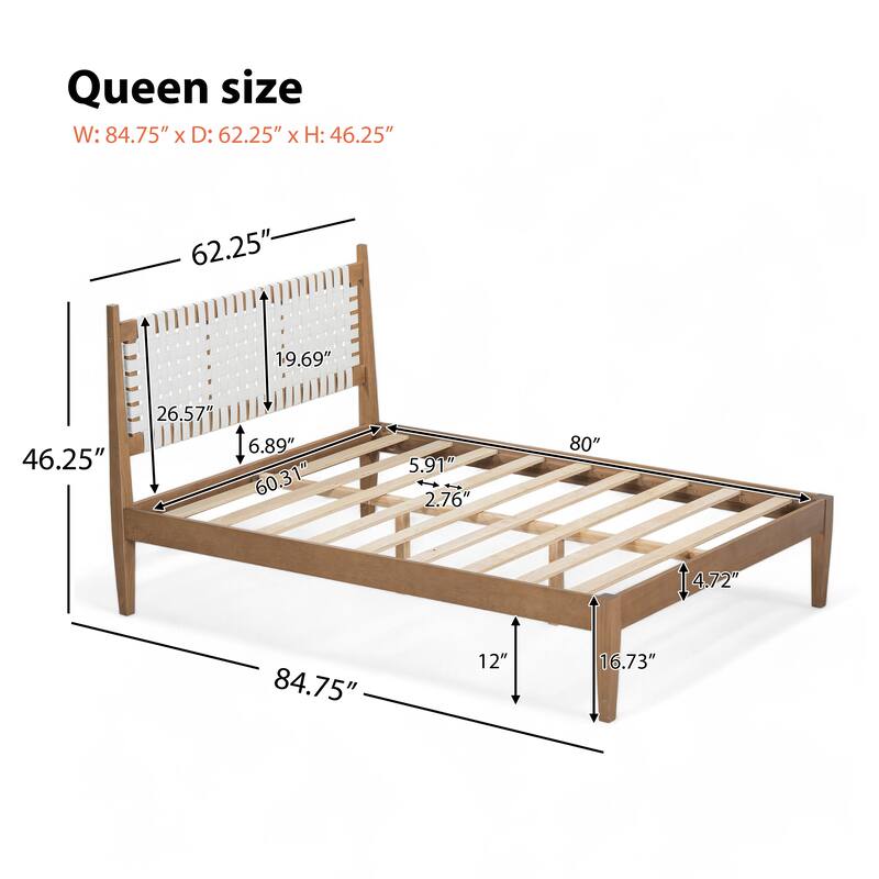 Solid Pinewood Platform Bed, Boho Style Queen Size Bed Frame with Woven Leather Headboard, Wooden Slat Support