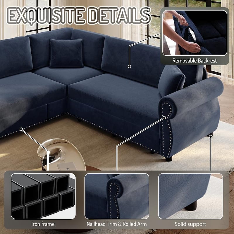 Homy Casa L-Shaped Sectional Sofa w/ Pull-Out Bed, Chenille Sleeper Couch w/ Nailhead Trim & Rolled Arm, Oversize